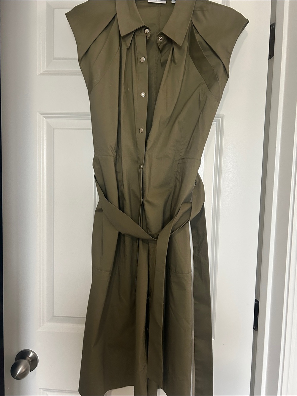 New York & Company Olive Midi Shirt Dress with Waist Tie